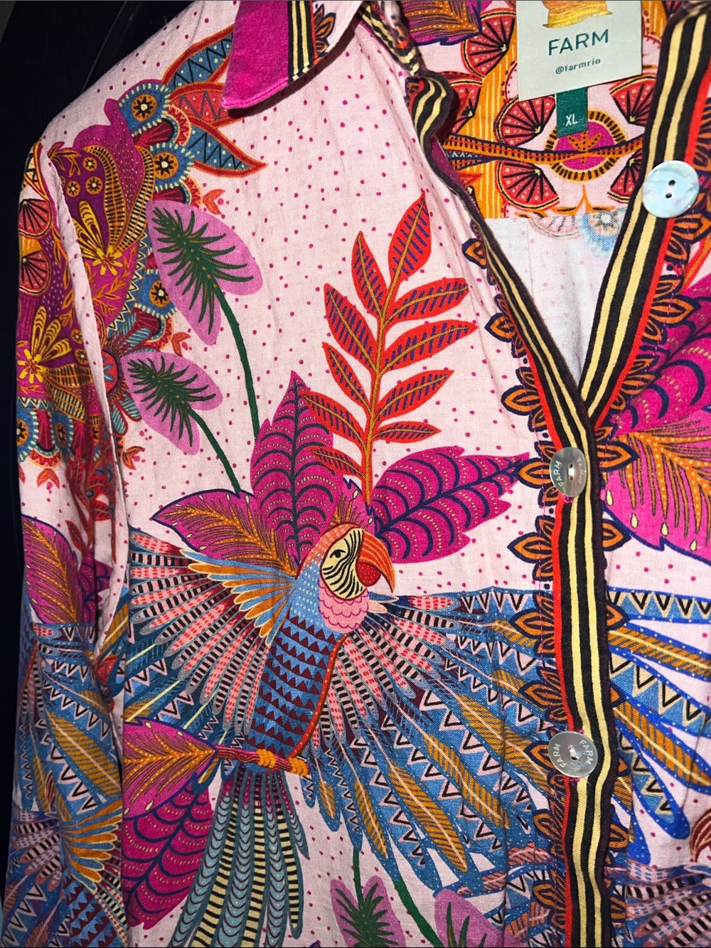 Farm Rio Anthropologie Colorful Tropical Bird Print Button-Up Blouse - NWOT - XL - Picture 4 of 17